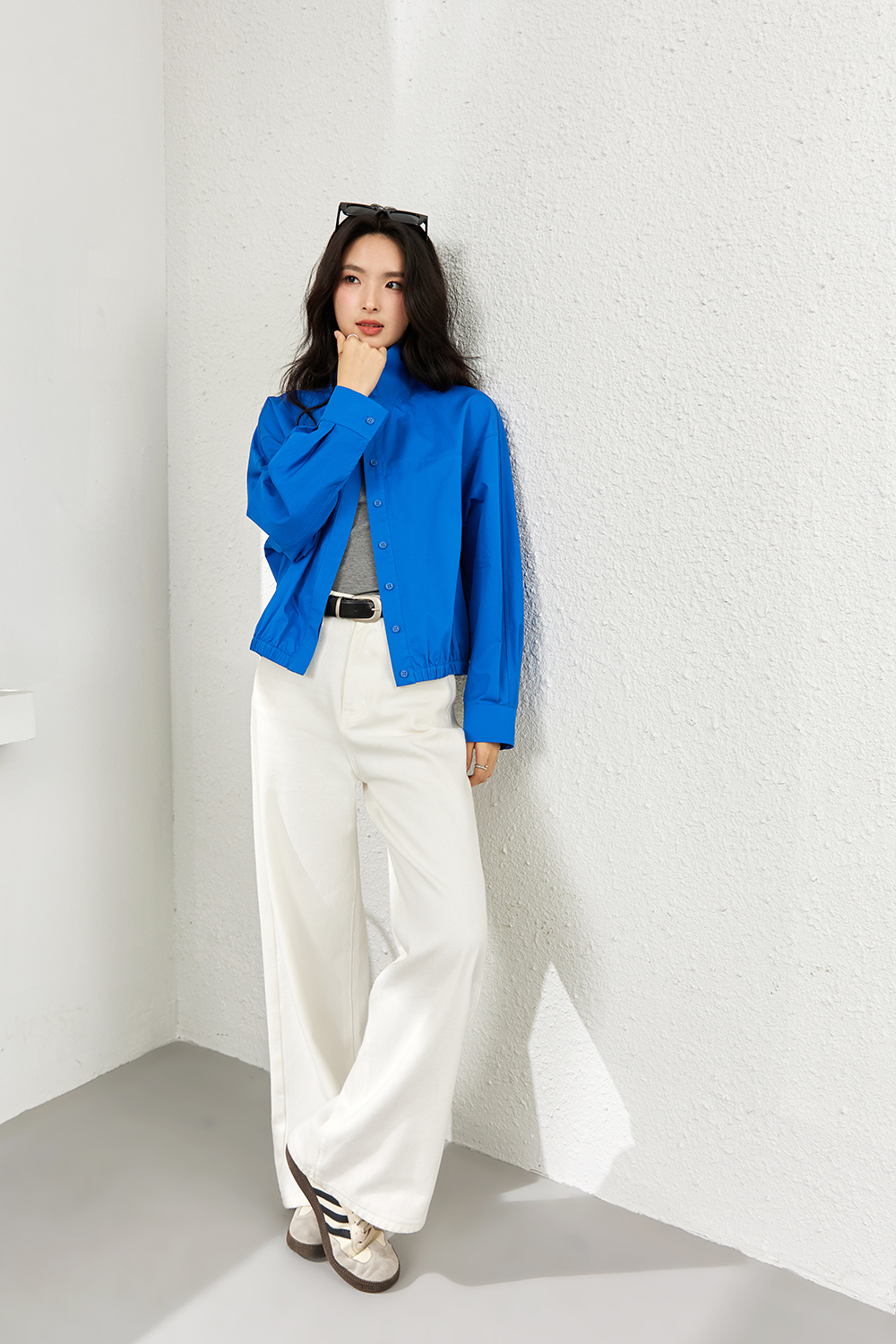 Oversized Stand-Collar Cotton Office Shirt-VIMLYSTORE