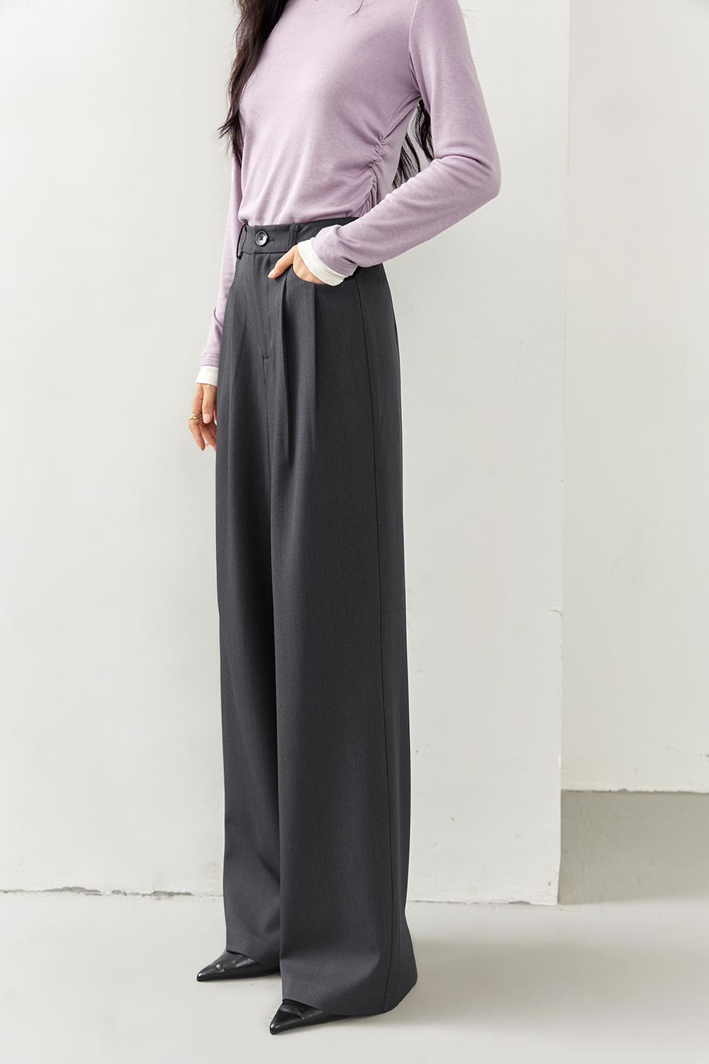 Fluid Gray Wide-Leg Trousers with Tailored Drape-VIMLYSTORE