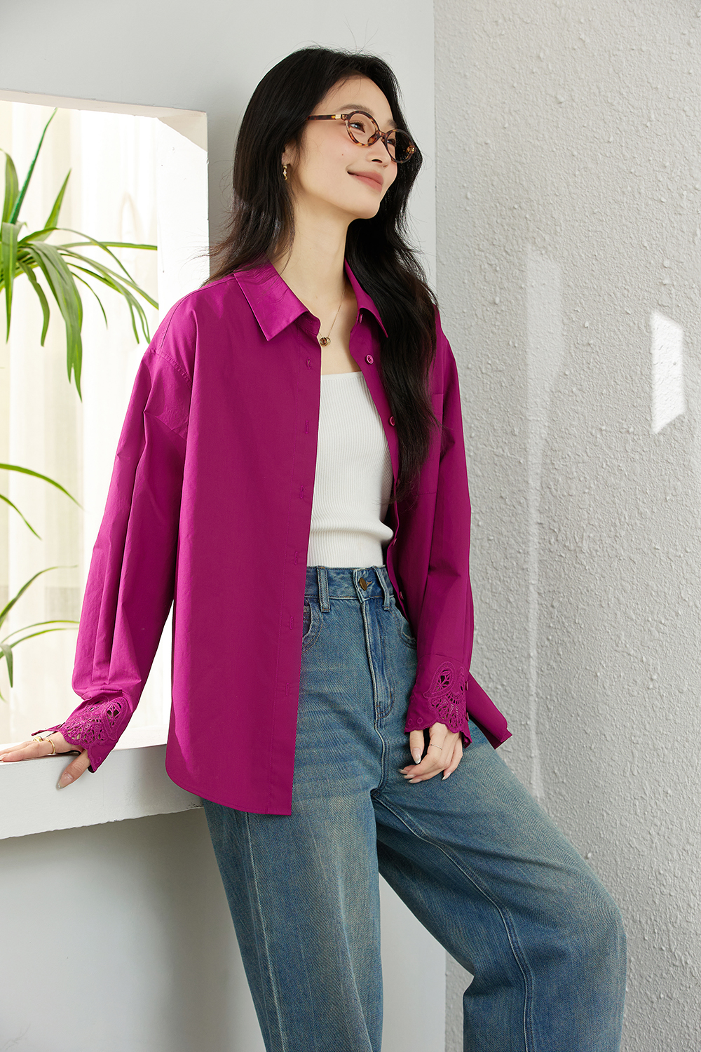 Artistic Cutwork Notch-Collar Blouse-VIMLYSTORE