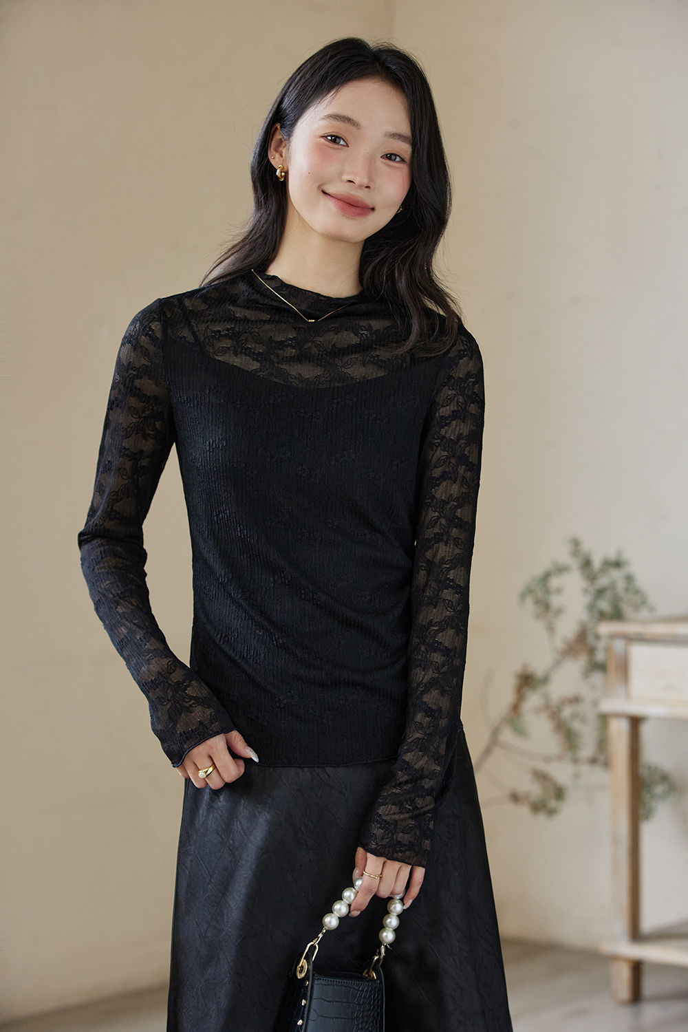Slim-fit Layering Semi-turtleneck Lace Long Sleeve T-shirt-VIMLYSTORE
