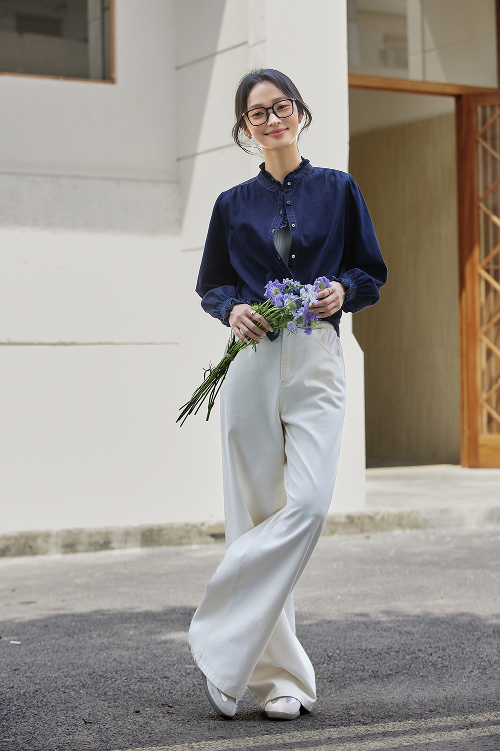 Designer Loose Stand-up Denim Long Sleeve Cotton Shirt-VIMLYSTORE