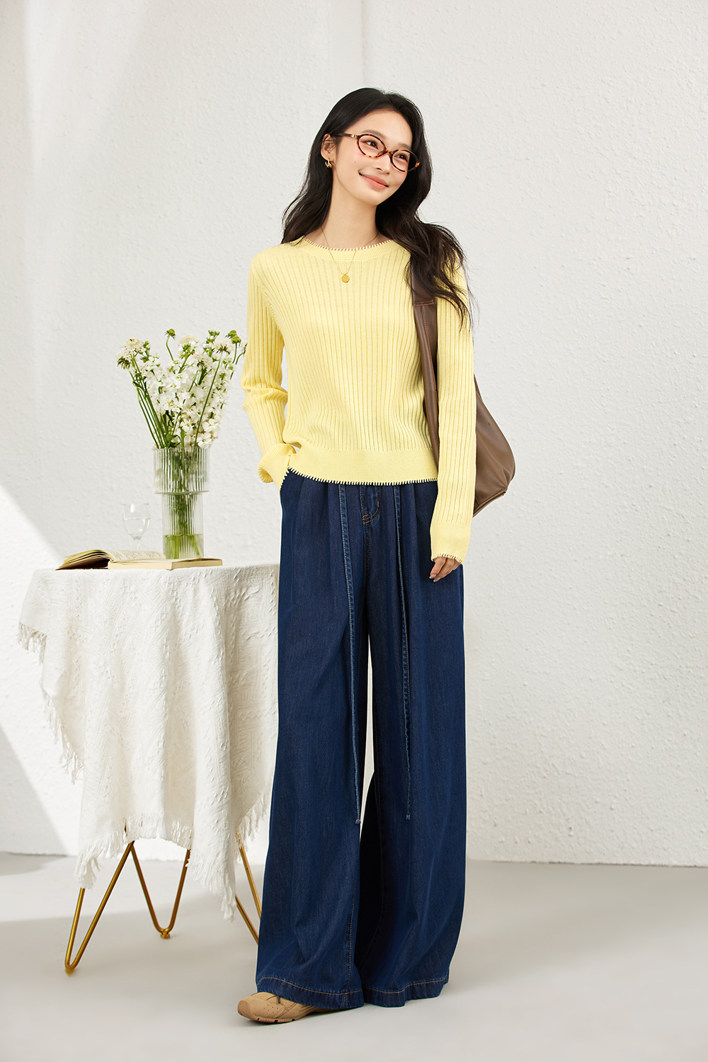 Ribbed Wool Blend Loose Round Neck Knitted Top-VIMLYSTORE