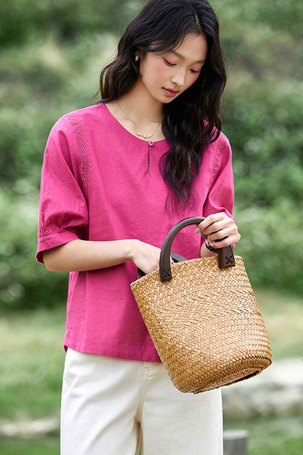 Stylish Raspberry Pink Lace Trim Round-Neck Blouse-VIMLYSTORE