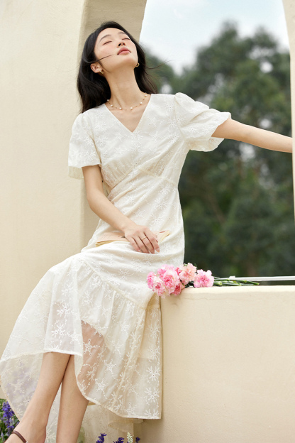 French V-Neck Cutout 3D Embroidered Puff Sleeve Maxi Dress