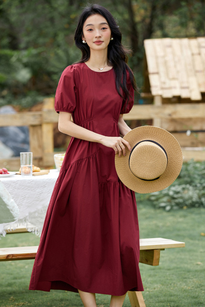 French Retro Asymmetrical Shirred Puff Sleeve Maxi Dress