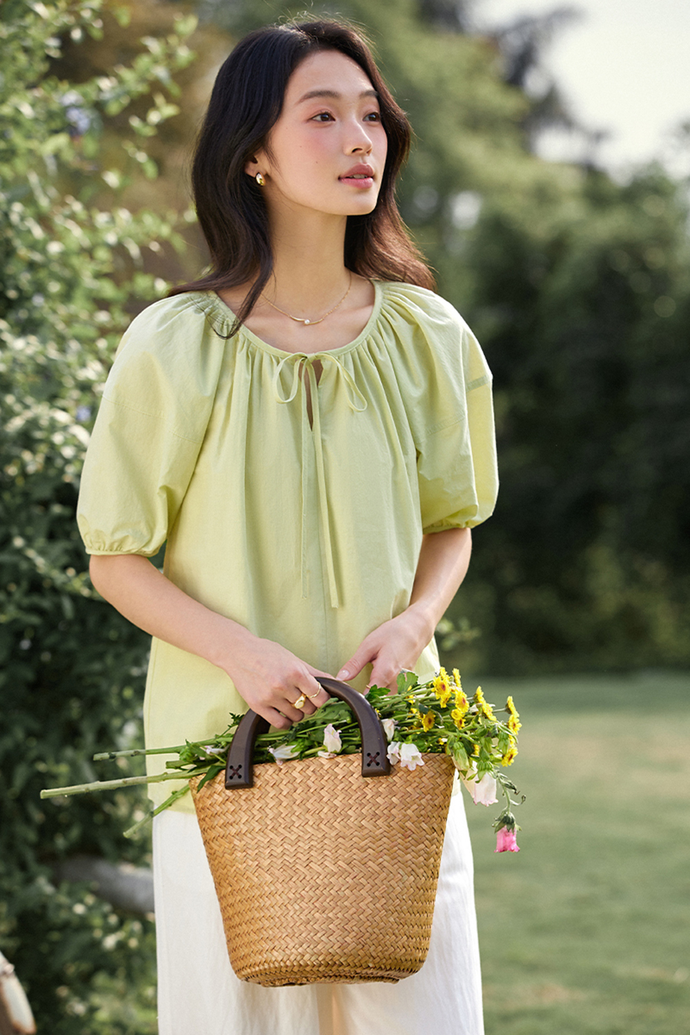 Casual & Stylish Loose Tie-Front Round Neck Puff Sleeve Blouse-VIMLYSTORE