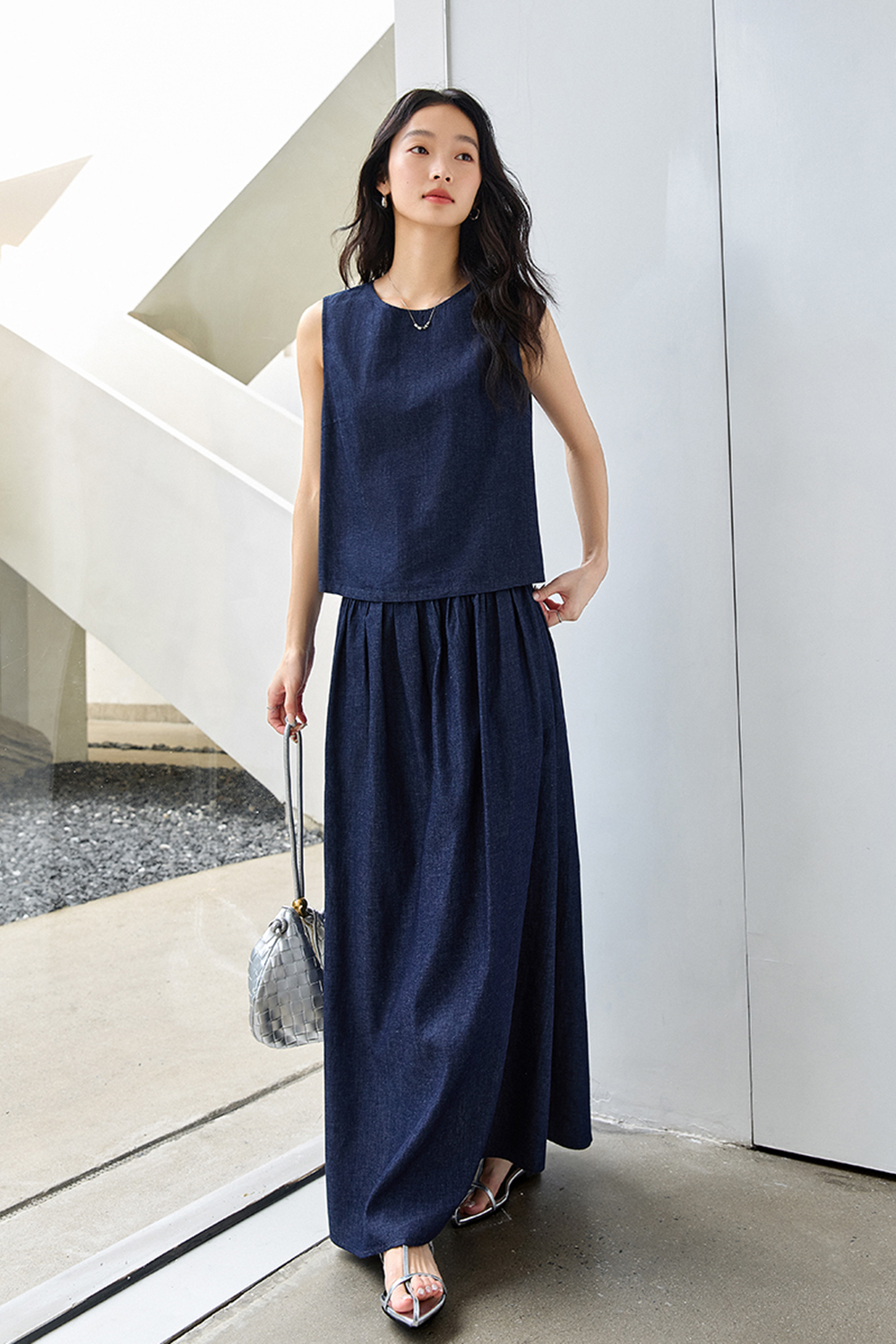 Stylish Casual Sleeveless High-Waist Denim Maxi Skirt Set-VIMLYSTORE
