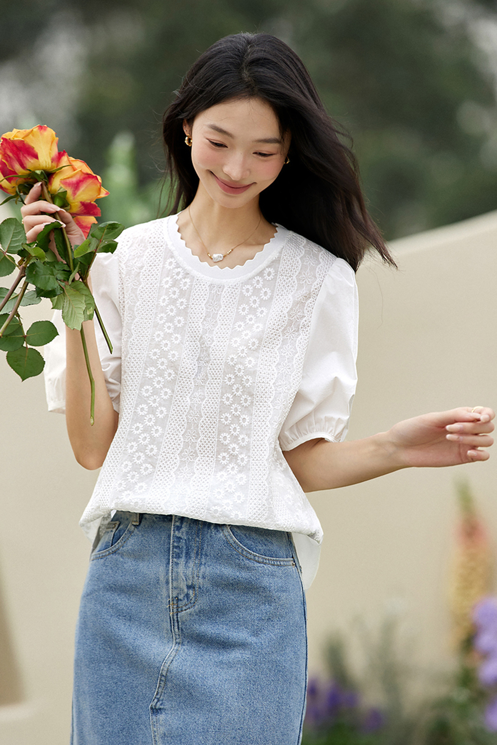 Casual Embroidered Puff-sleeve Cotton Top
