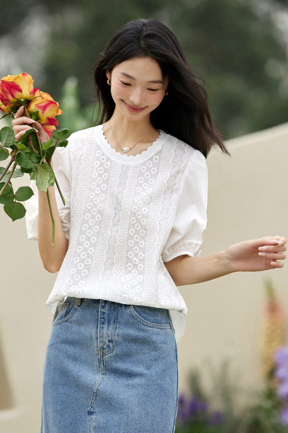 Casual Embroidered Puff-sleeve Cotton Top