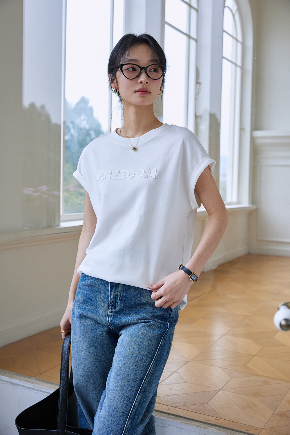 Embroidered Letter Short Flutter Sleeve Loose Versatile Round Neck Top-VIMLYSTORE