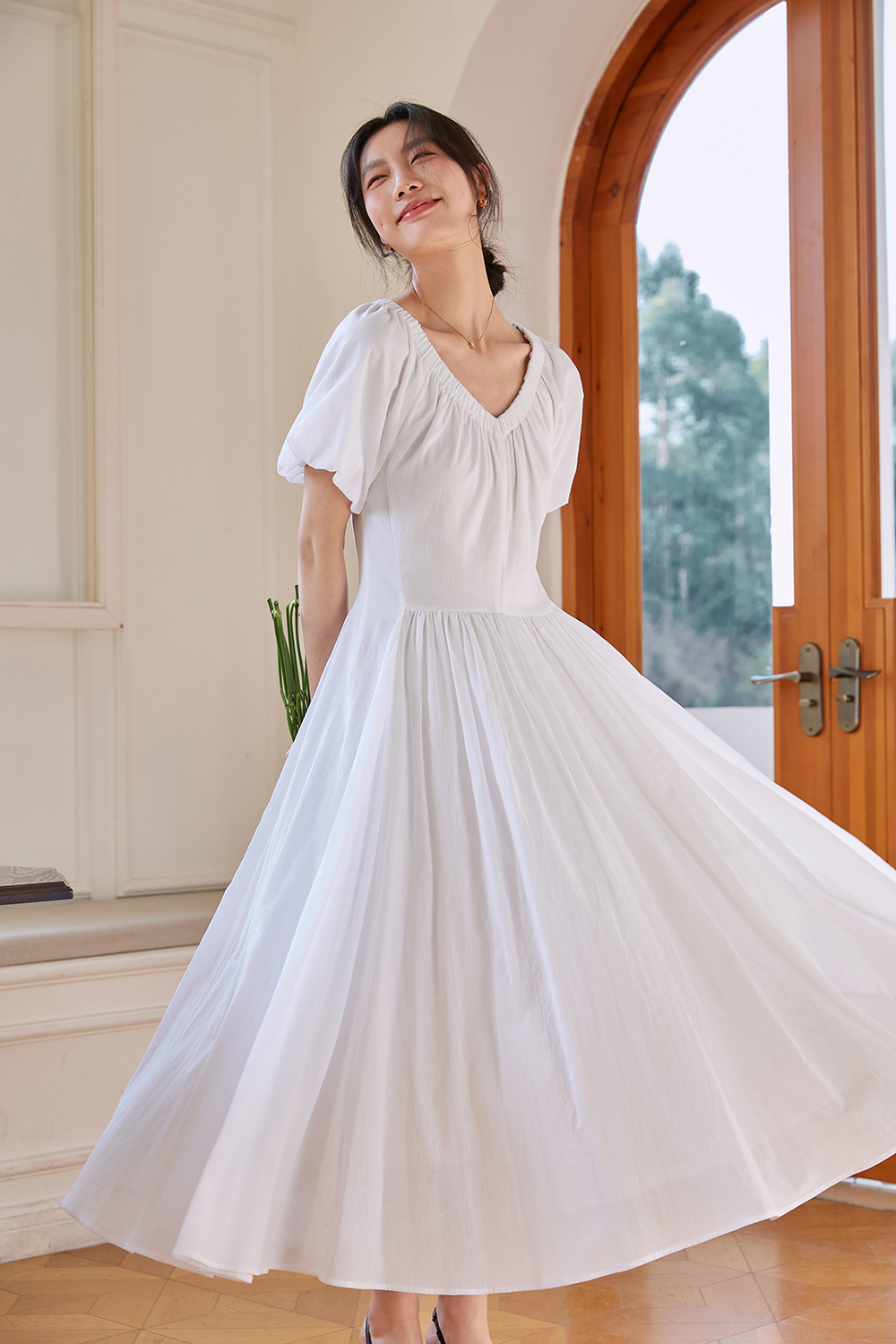 French Floral Soft V-Neck Puff Sleeve Slimming Maxi Dress