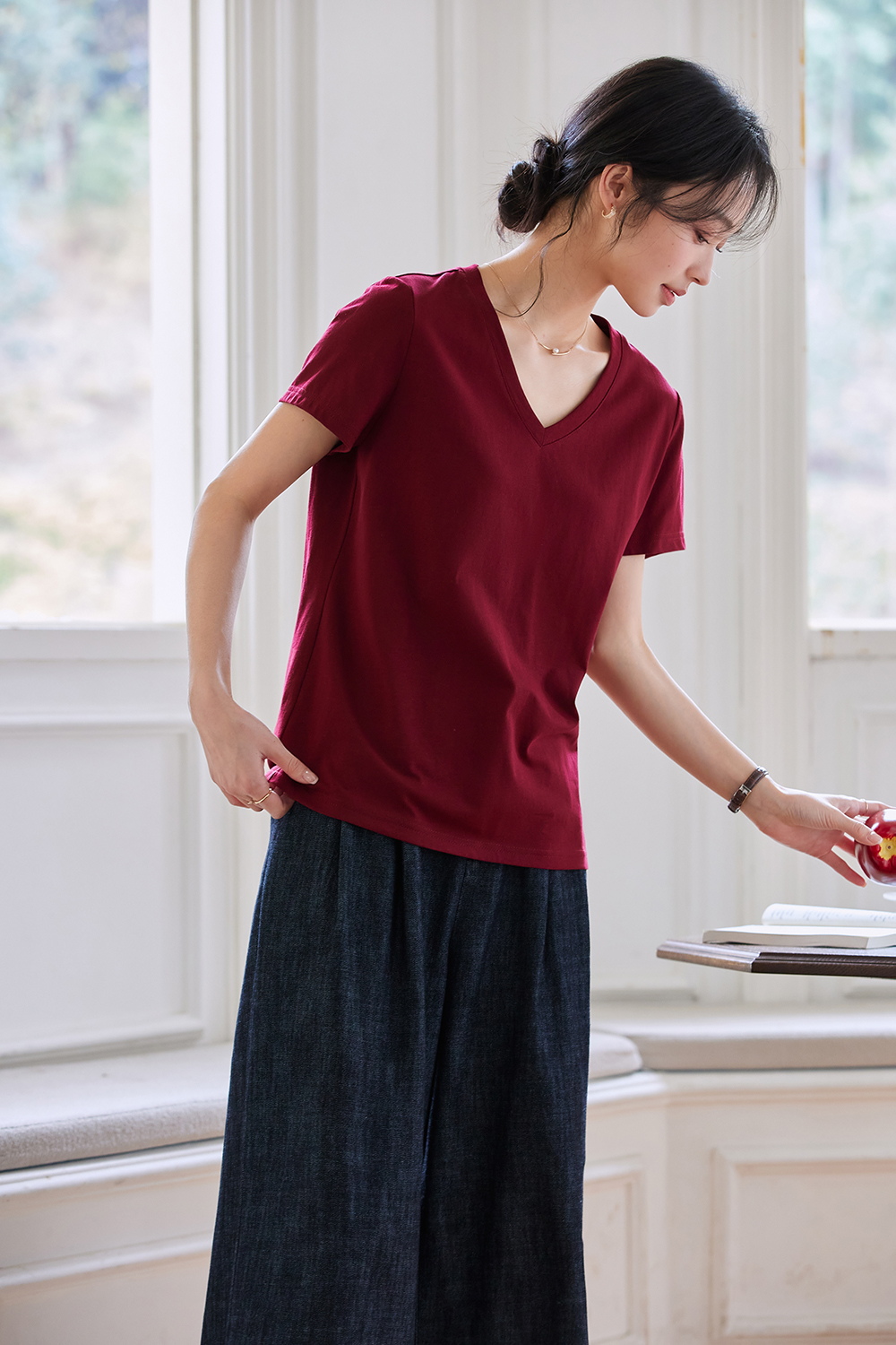 Dopamine Solid Color Casual Versatile V-Neck Loose Top-VIMLYSTORE