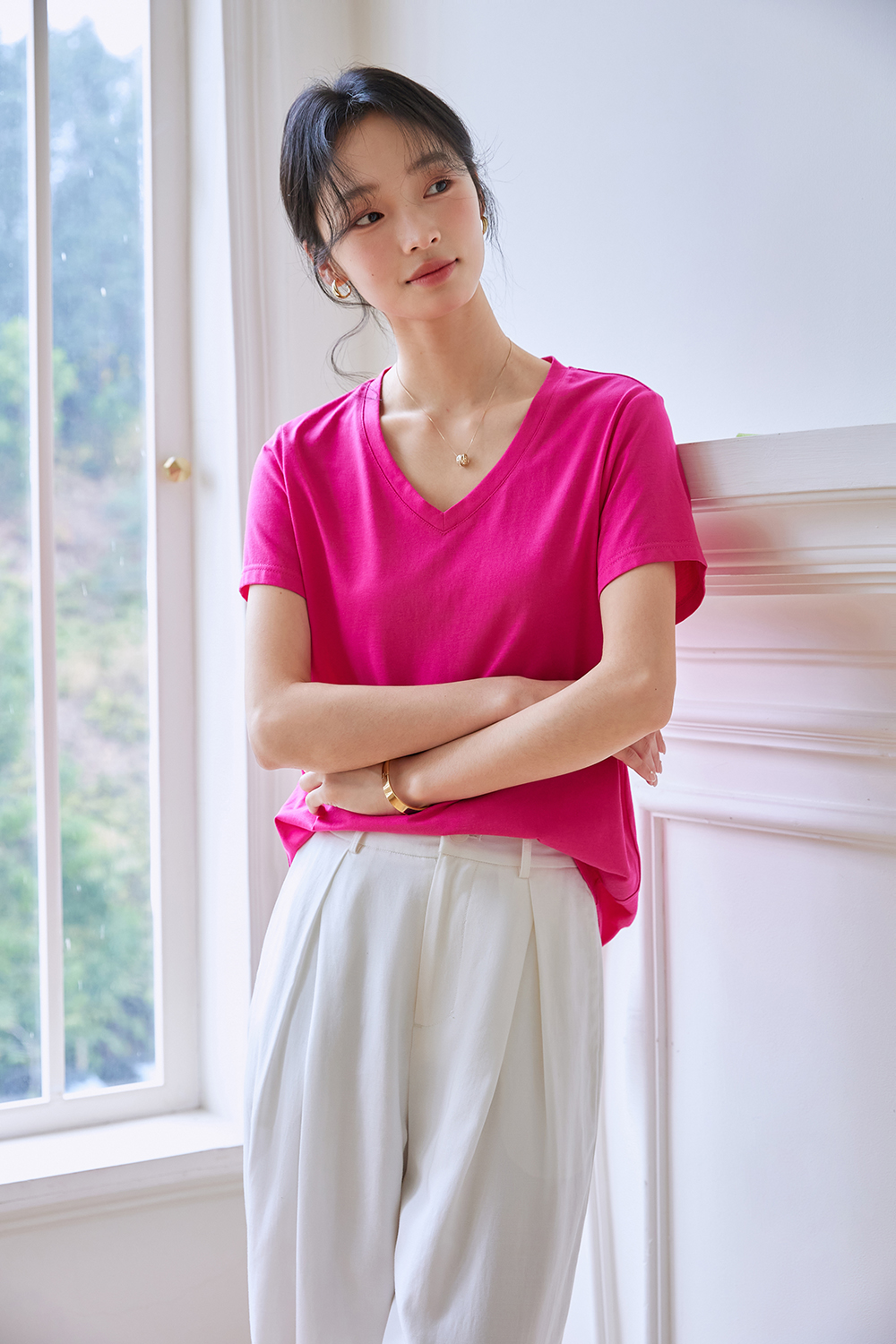 Dopamine Solid Color Casual Versatile V-Neck Loose Top-VIMLYSTORE