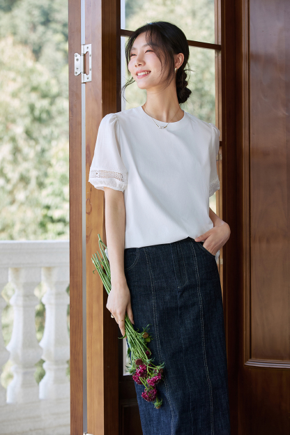 Lace Trim Lantern Sleeve Round Neck Short Sleeve T-Shirt-VIMLYSTORE