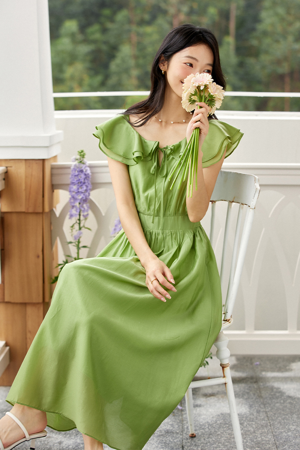 Sweet U-neck Ruffled Waist-defining Slim Dress-VIMLYSTORE