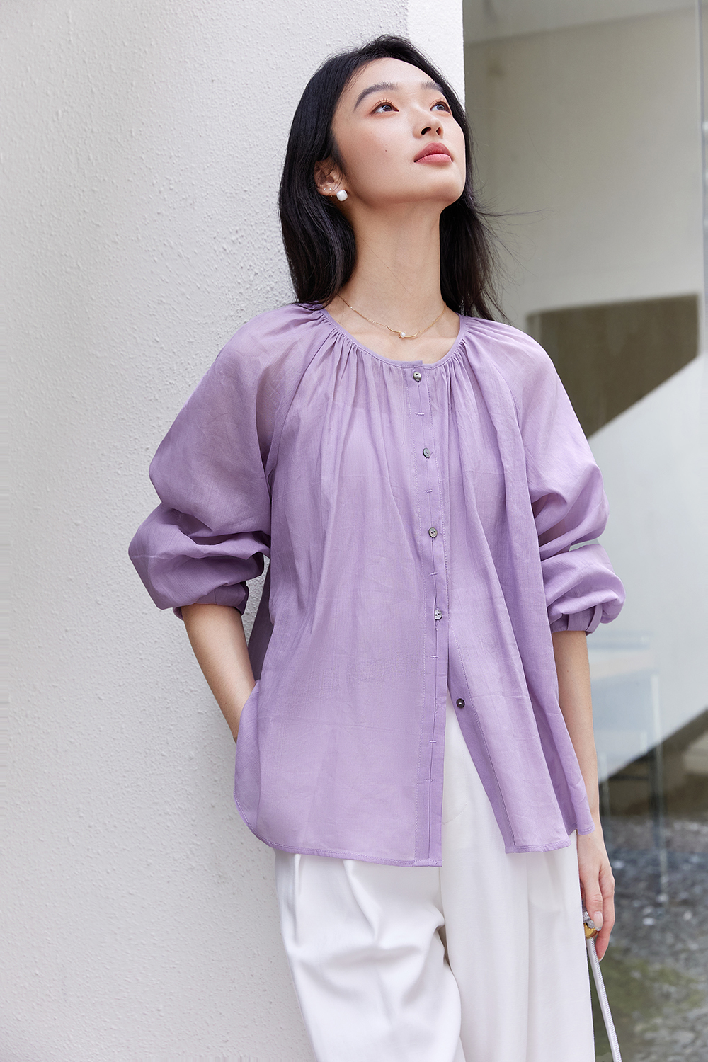 Monet Purple Linen-Cotton Light Luxury Youthful Chic Shirt-VIMLYSTORE