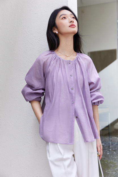 Monet Purple Linen-Cotton Light Luxury Youthful Chic Shirt-VIMLYSTORE