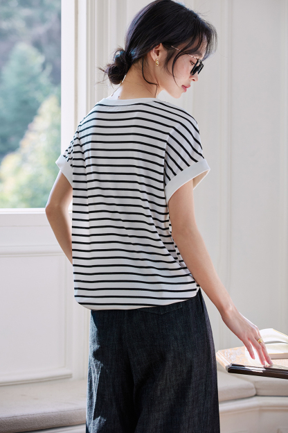 Color Block Striped Short Sleeve Round Neck T-Shirt