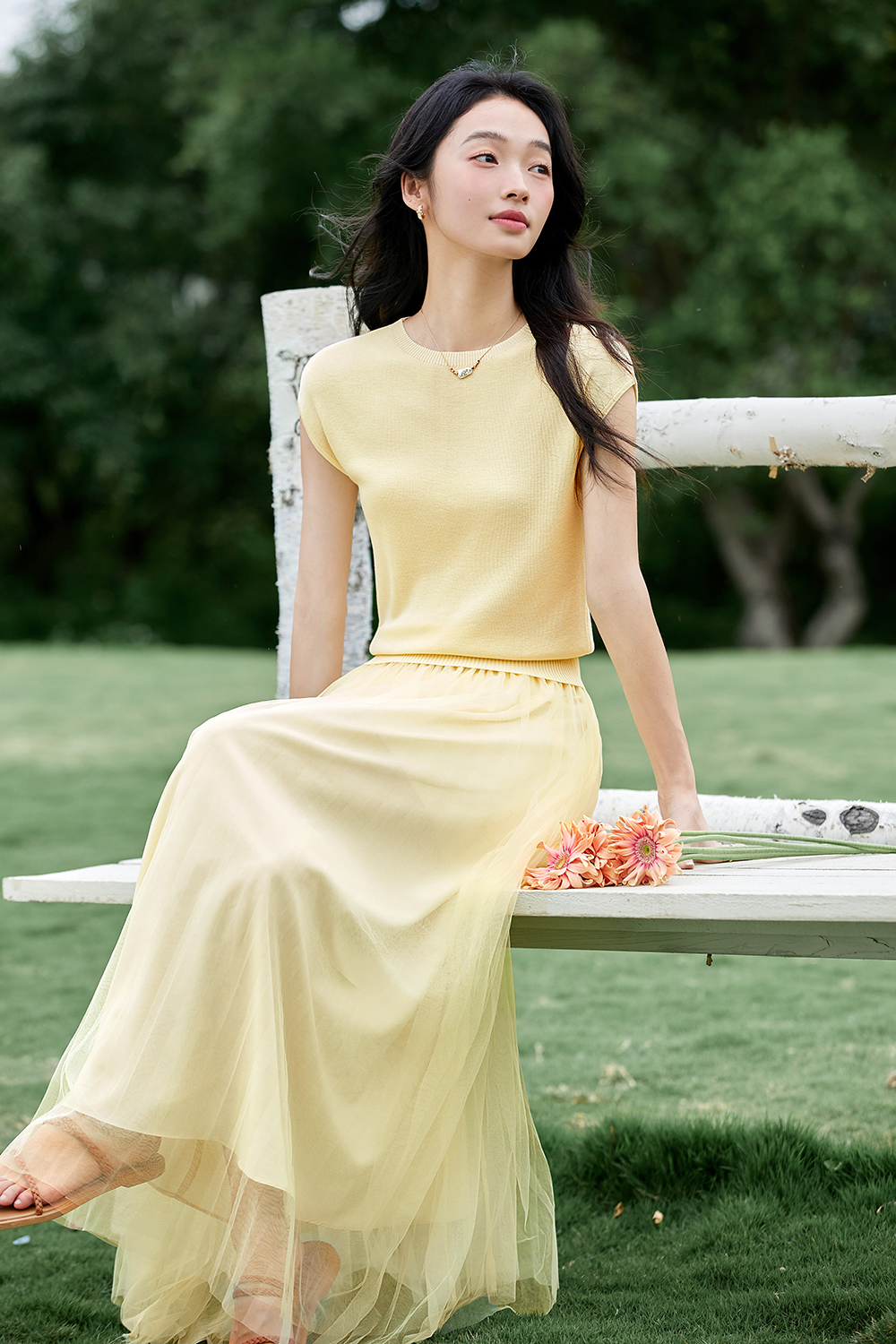 French-Inspired Lyocell Knit Top with Sheer Mesh Skirt Set-VIMLYSTORE