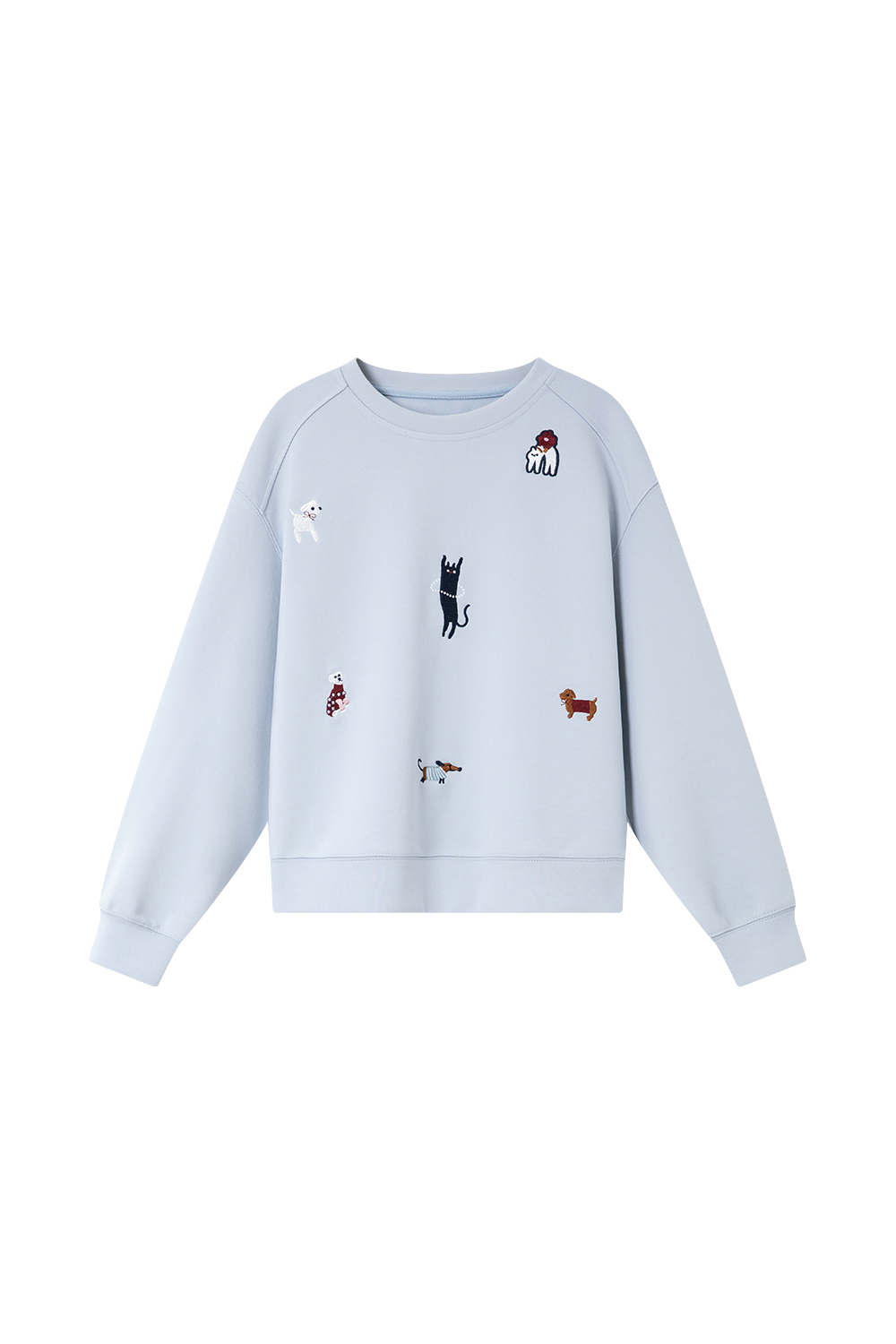 Mist Blue Crewneck Sweatshirt with Playful Cat & Dog Embroidery-VIMLYSTORE