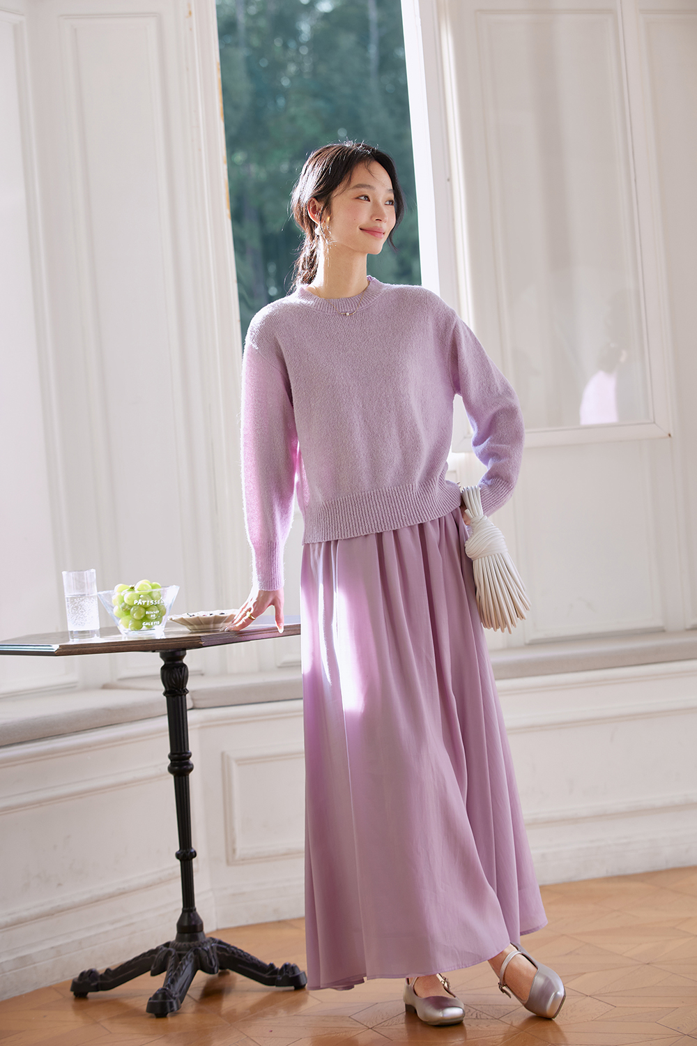 Lilac Round-Neck Top & Pencil Skirt Set for Polished Office Wear-VIMLYSTORE