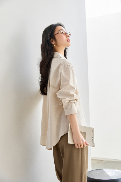 Oatmeal Oversized Shirt with Dual-Button Cuff Detail-VIMLYSTORE