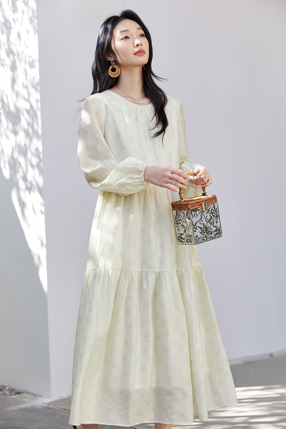 lyocell Embroidered Shift Dress with Bishop Sleeves-VIMLYSTORE