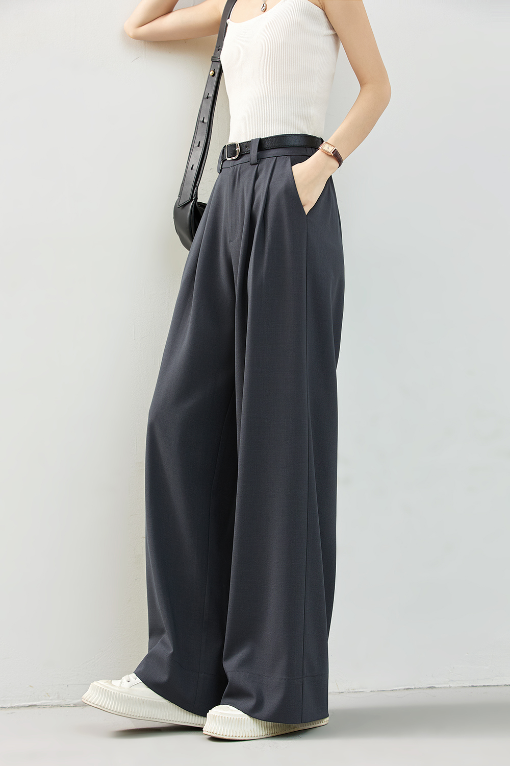 Pleated Wide-Leg Dress Pants with Relaxed Waist-VIMLYSTORE