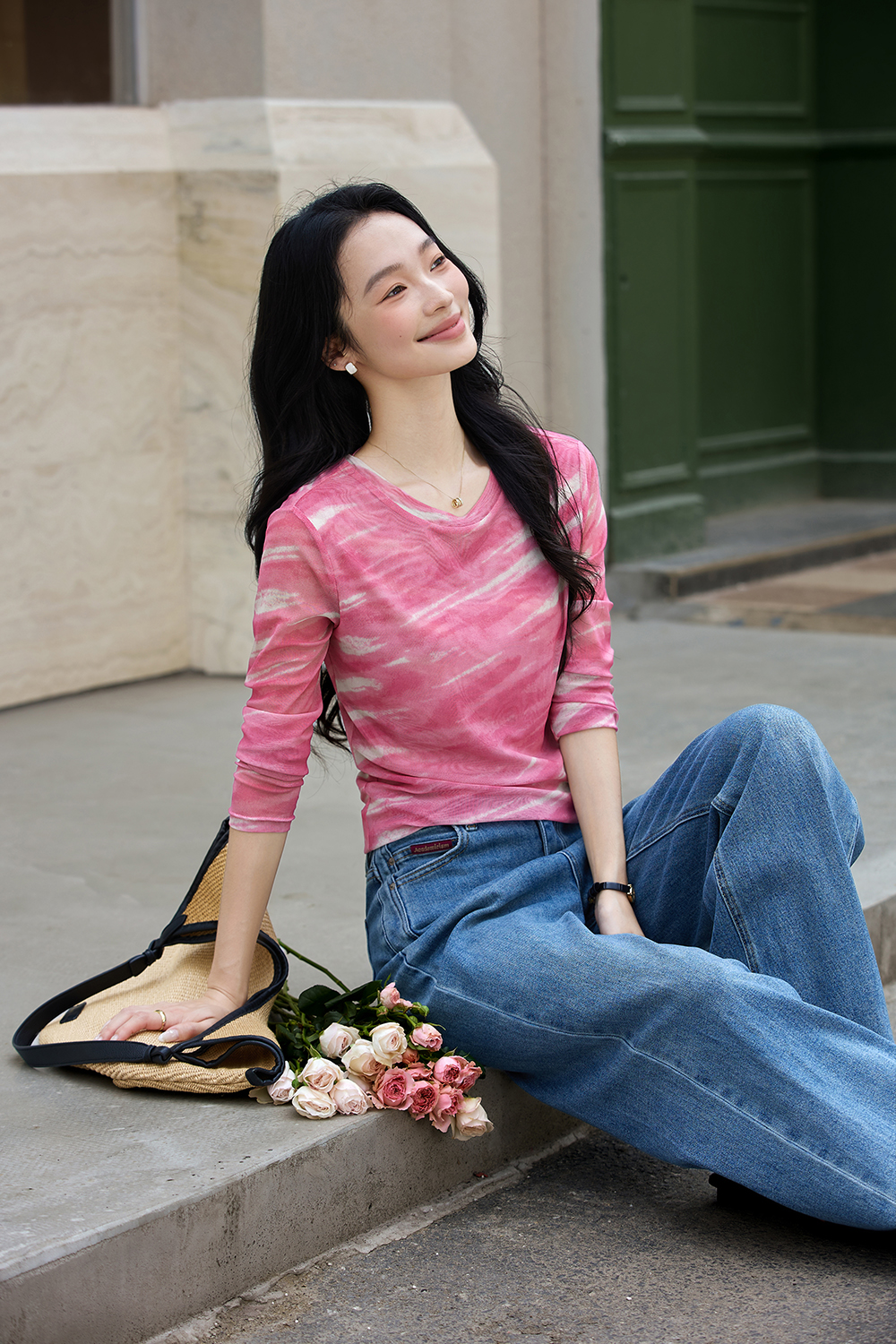 Pink Gradient Mesh Fitted Crewneck