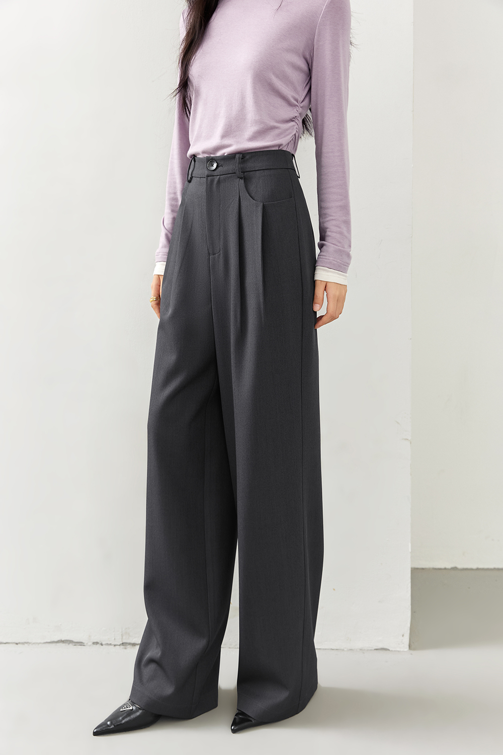Fluid Gray Wide-Leg Trousers with Tailored Drape-VIMLYSTORE