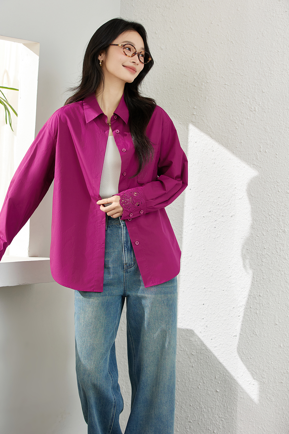 Artistic Cutwork Notch-Collar Blouse-VIMLYSTORE