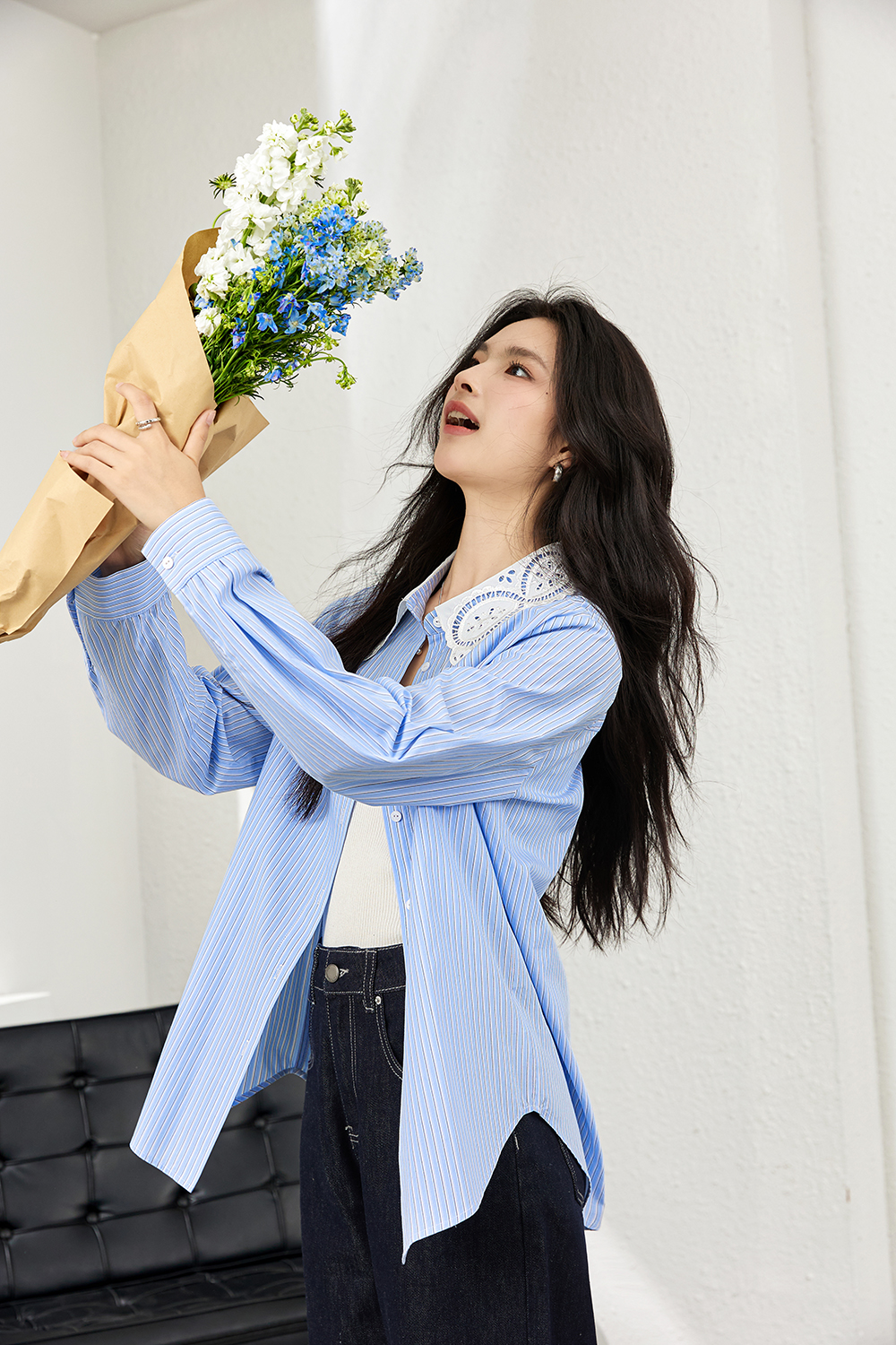 Artisanal Blue Striped Lace-Insert Shirt