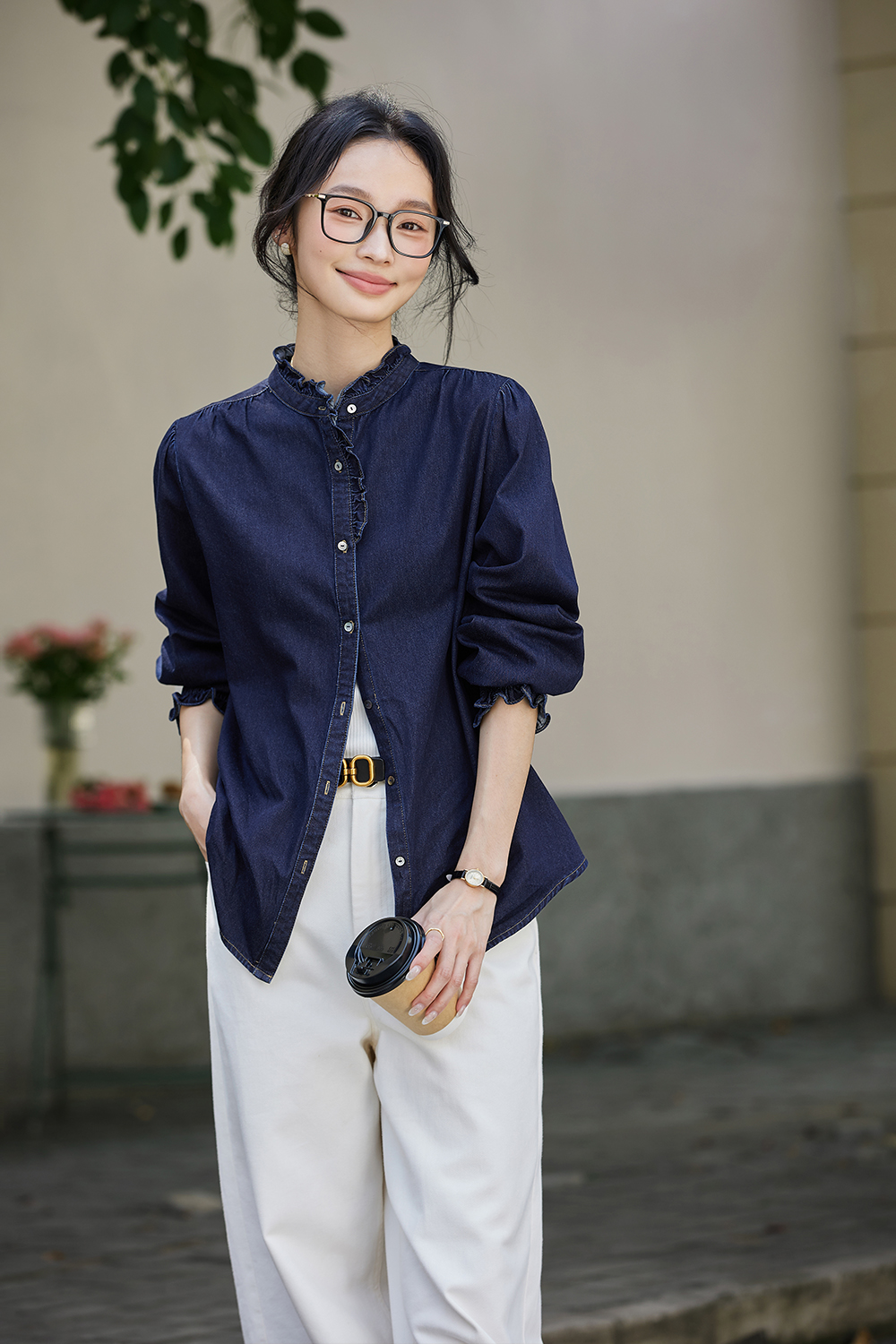 Designer Loose Stand-up Denim Long Sleeve Cotton Shirt-VIMLYSTORE