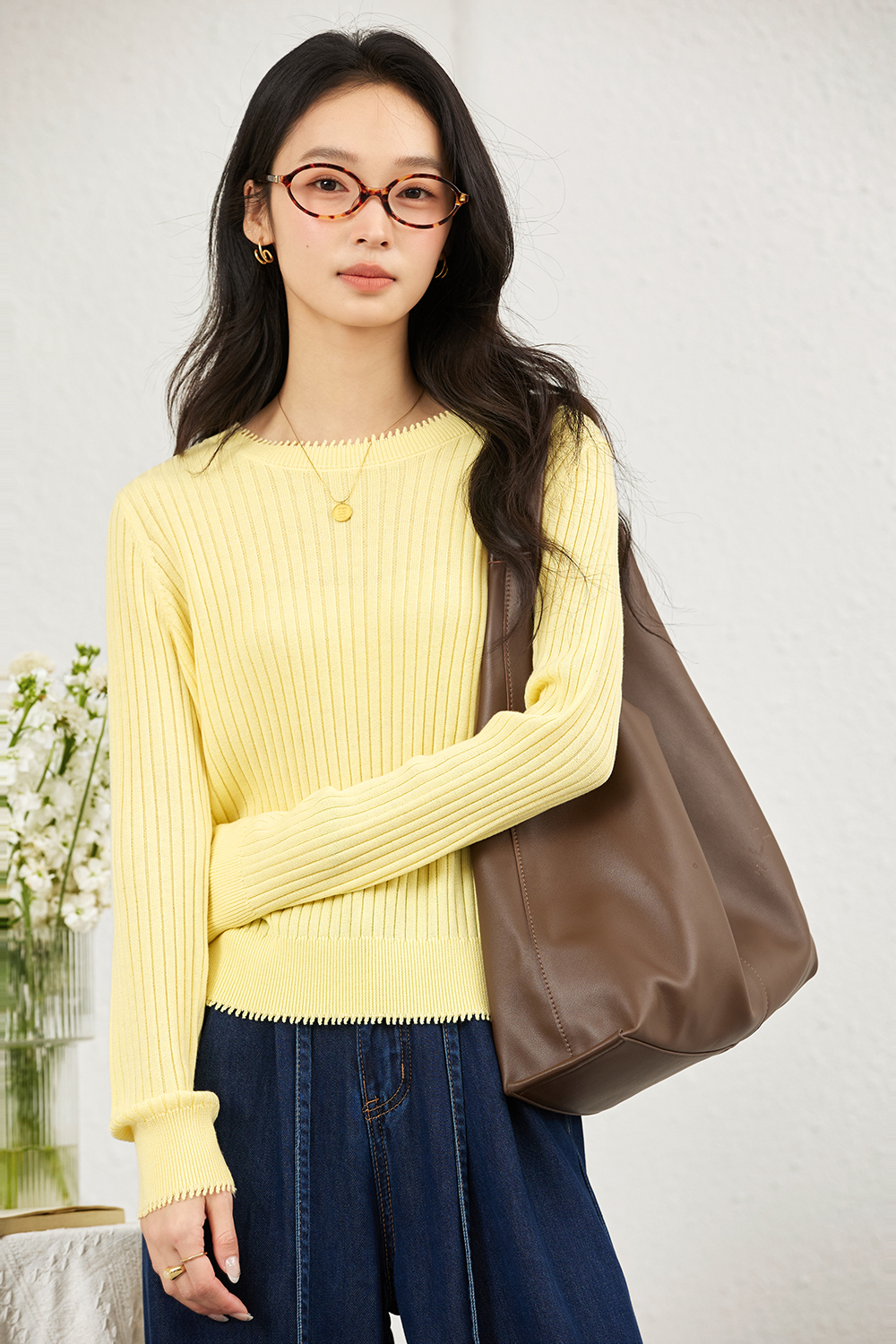 Ribbed Wool Blend Loose Round Neck Knitted Top-VIMLYSTORE