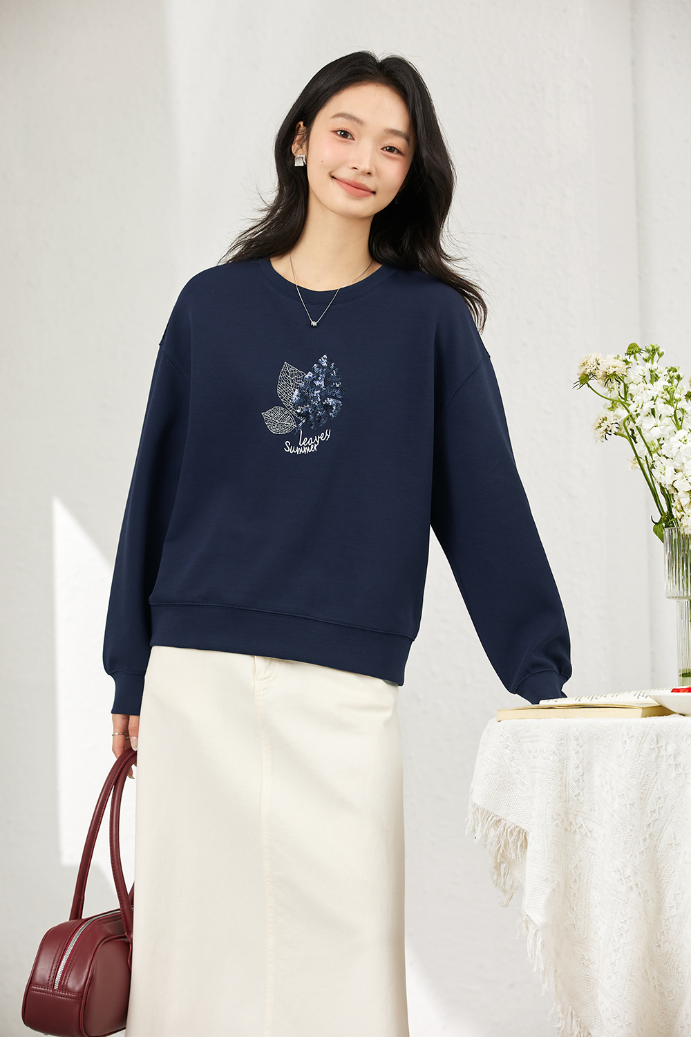 Elegant Slimming Embroidered Sequin Round Neck Long Sleeve Sweatshirt-VIMLYSTORE