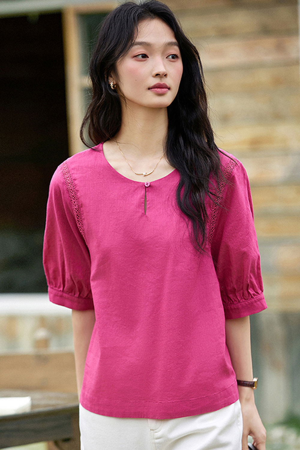 Stylish Raspberry Pink Lace Trim Round-Neck Blouse-VIMLYSTORE