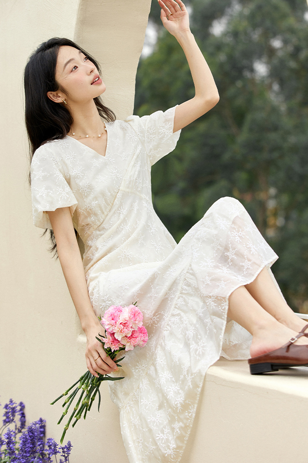 French V-Neck Cutout 3D Embroidered Puff Sleeve Maxi Dress