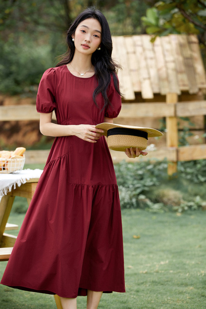 French Retro Asymmetrical Shirred Puff Sleeve Maxi Dress