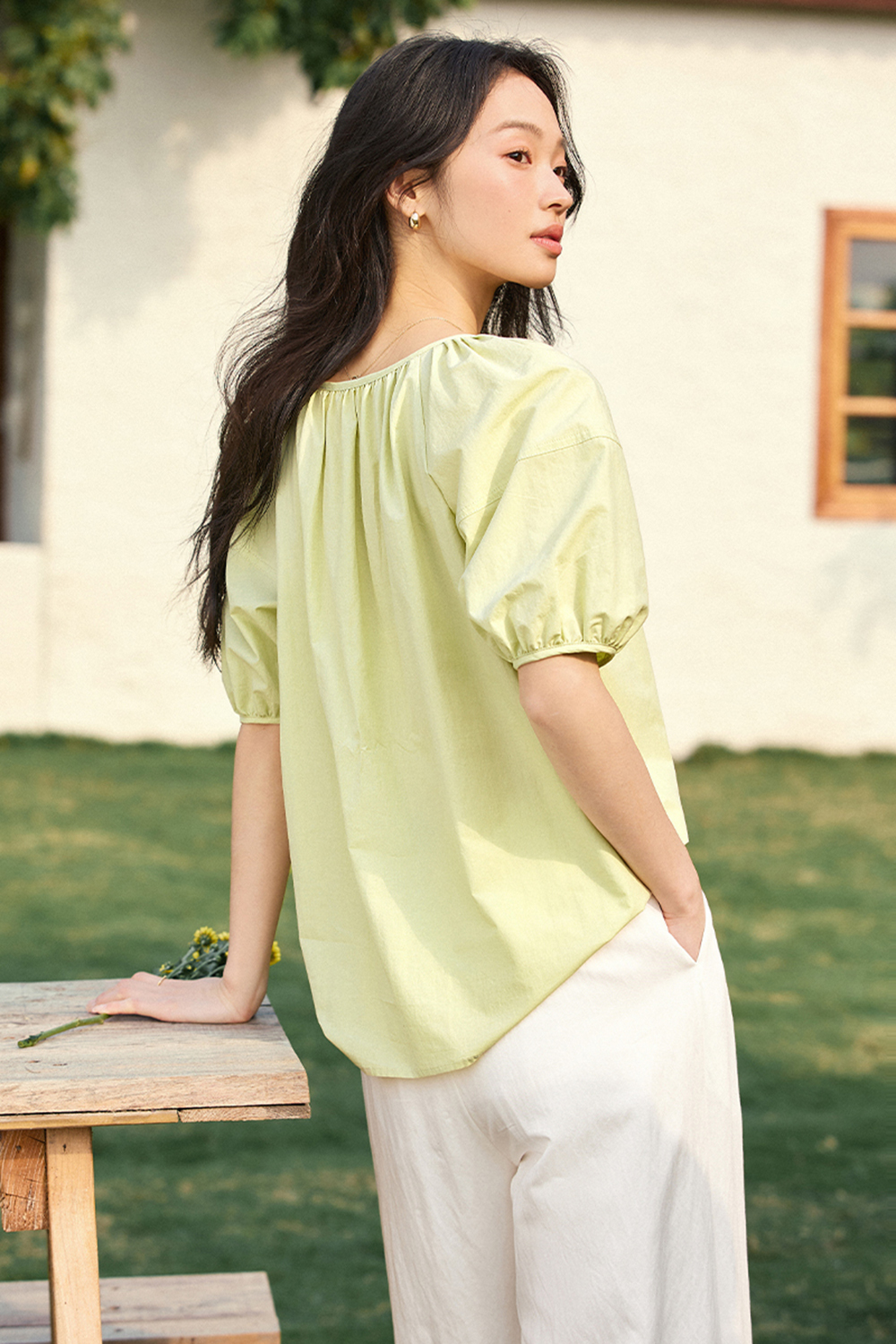 Casual & Stylish Loose Tie-Front Round Neck Puff Sleeve Blouse-VIMLYSTORE