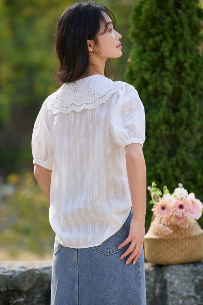 French Youthful Peter Pan Collar Short-Sleeve Blouse with Lace Trim-VIMLYSTORE