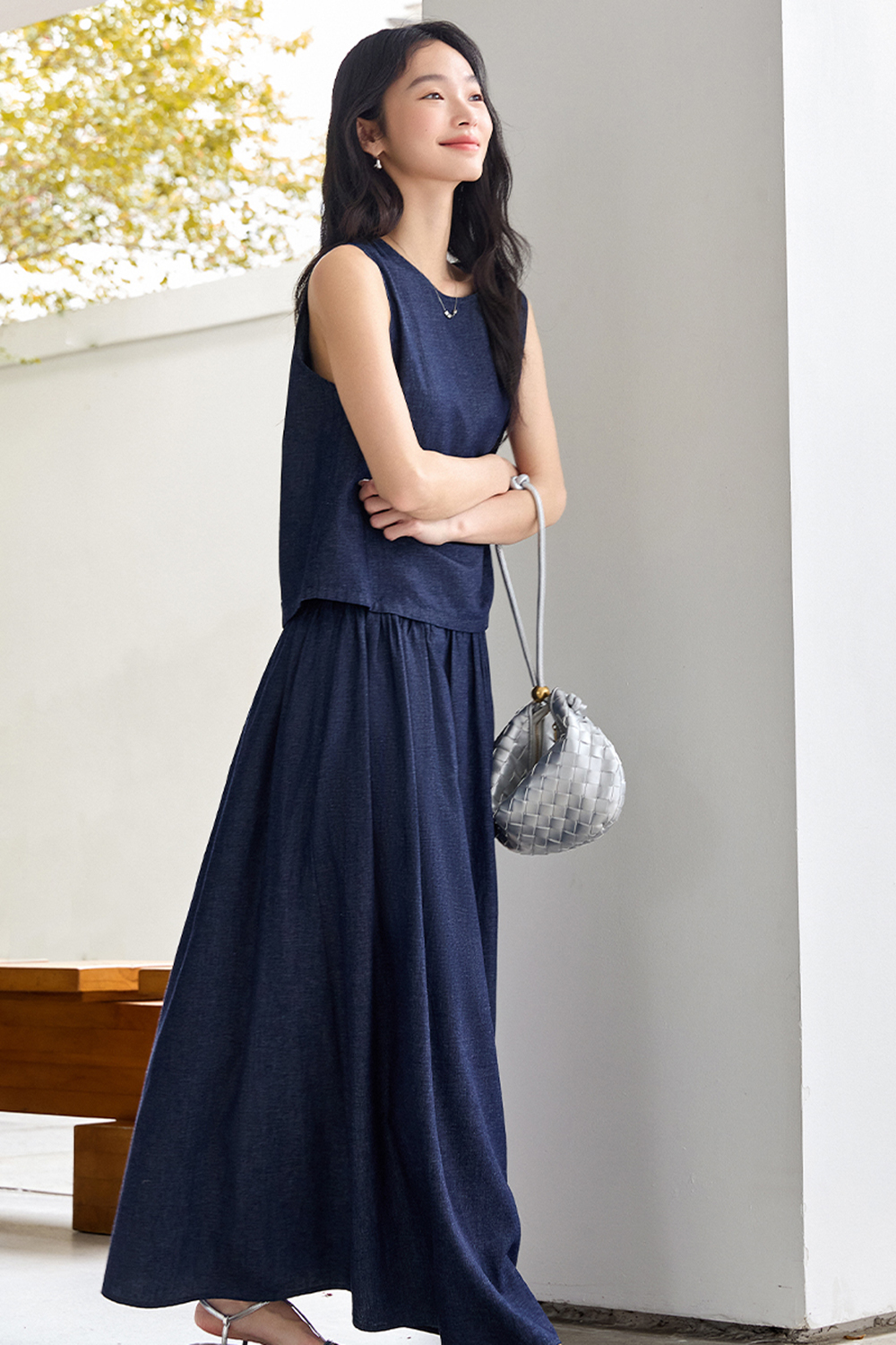 Stylish Casual Sleeveless High-Waist Denim Maxi Skirt Set-VIMLYSTORE
