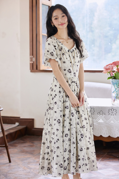 French Floral Soft V-Neck Puff Sleeve Slimming Maxi Dress