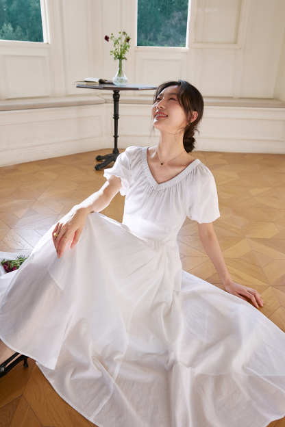French Floral Soft V-Neck Puff Sleeve Slimming Maxi Dress
