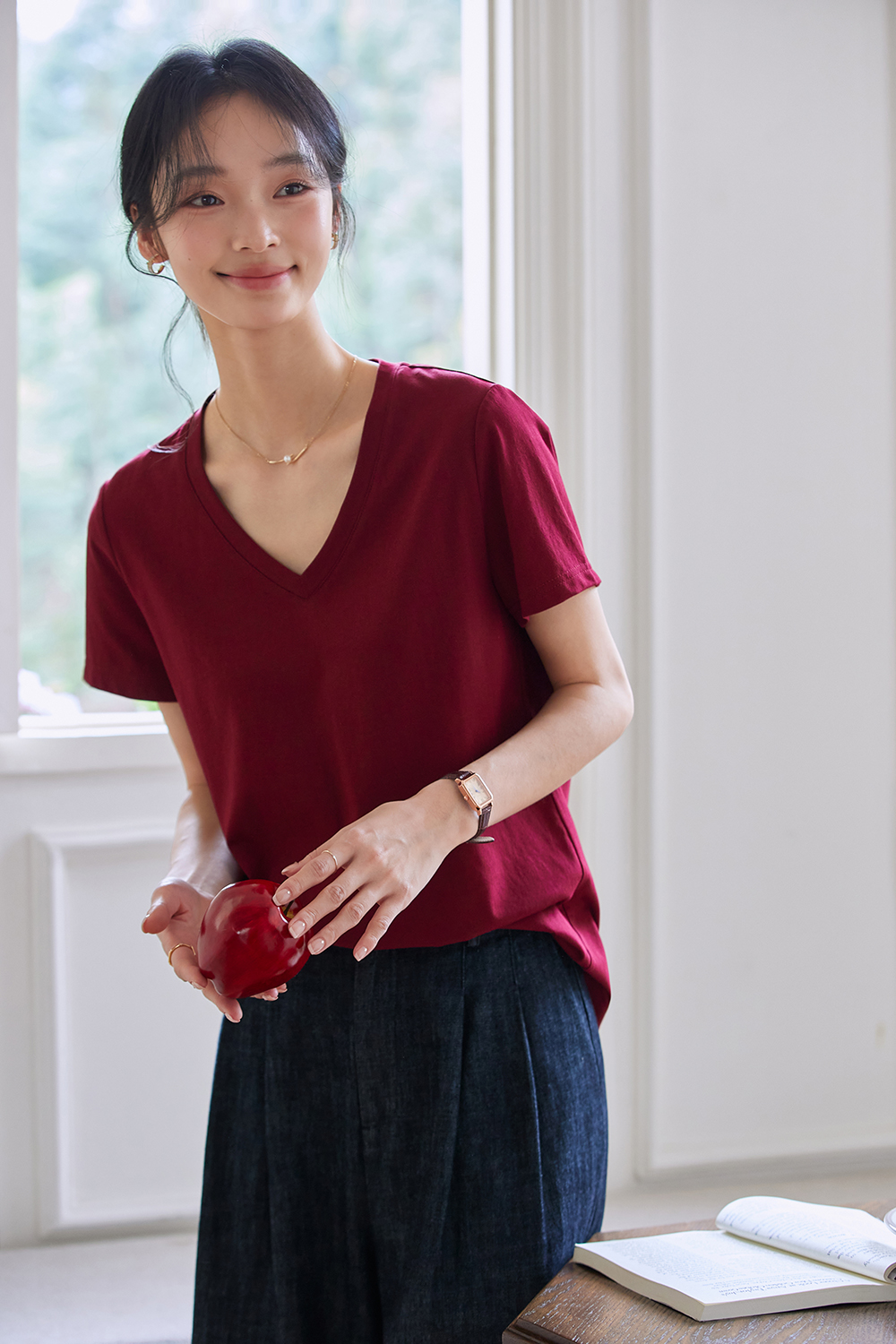 Dopamine Solid Color Casual Versatile V-Neck Loose Top-VIMLYSTORE