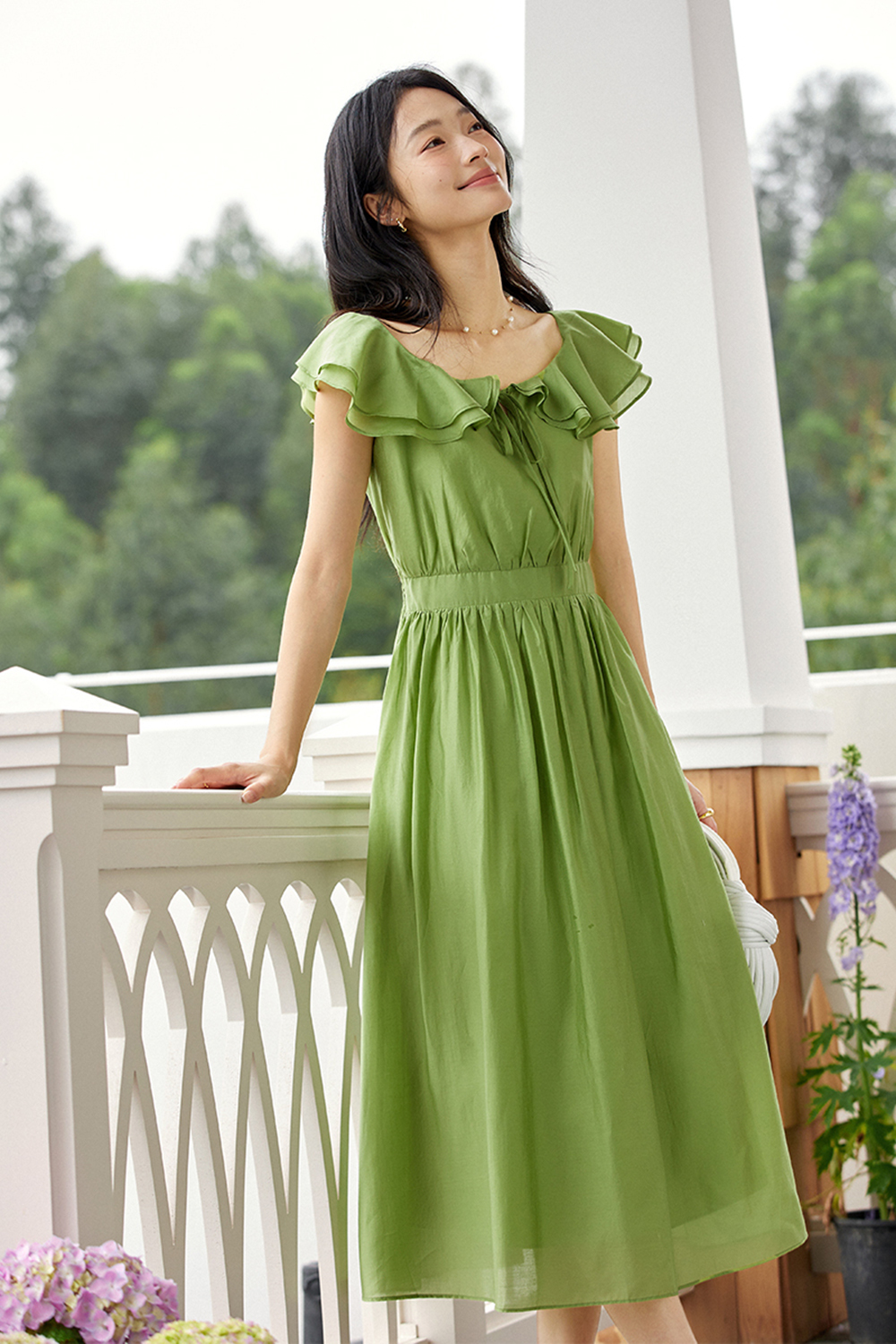 Sweet U-neck Ruffled Waist-defining Slim Dress-VIMLYSTORE