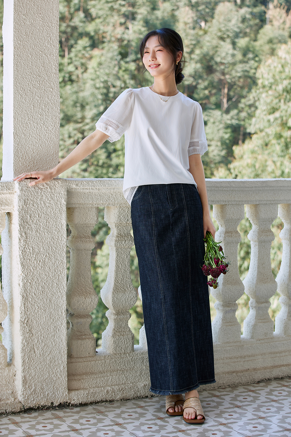 Lace Trim Lantern Sleeve Round Neck Short Sleeve T-Shirt-VIMLYSTORE