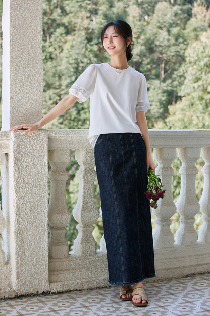 Lace Trim Lantern Sleeve Round Neck Short Sleeve T-Shirt-VIMLYSTORE
