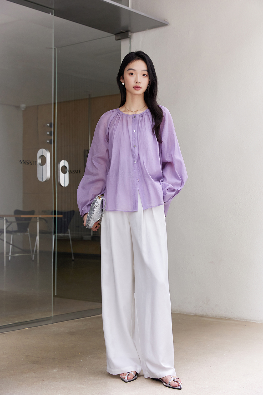 Monet Purple Linen-Cotton Light Luxury Youthful Chic Shirt