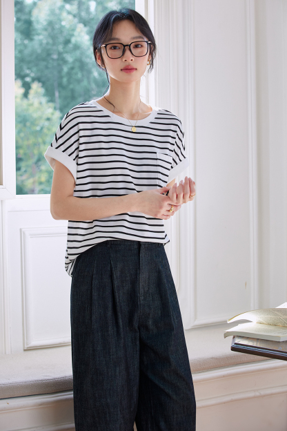 Color Block Striped Short Sleeve Round Neck T-Shirt