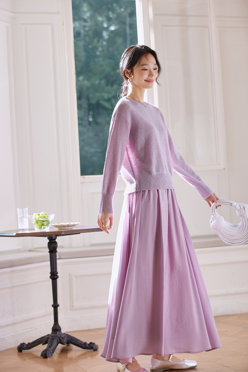 Lilac Round-Neck Top & Pencil Skirt Set for Polished Office Wear-VIMLYSTORE